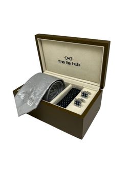 The Tie Hub - Men Grey Silk Necktie & Pocket Square with Pair Of Cufflink Gift Set