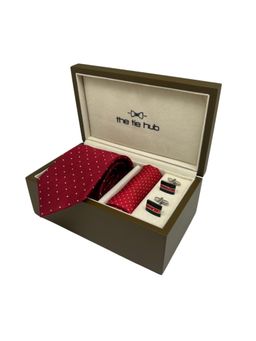 The Tie Hub - Men Red Silk Polka Dots Necktie & Pocket Square with Pair Of Cufflink Gift Set