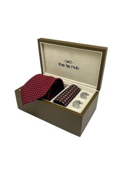 The Tie Hub - Men Red Silk Floral Necktie & Pocket Square with Pair Of Cufflink Gift Set