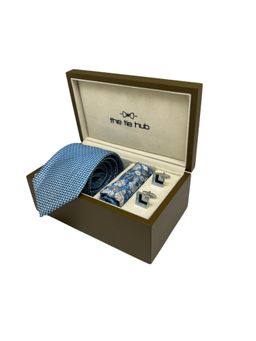 The Tie Hub - Men Blue Silk Floral Necktie & Pocket Square with Pair Of Cufflink Gift Set