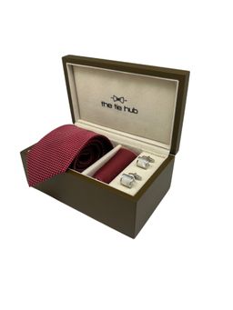 The Tie Hub - Men Red Silk Printed Necktie & Pocket Square with Pair Of Cufflink Gift Set