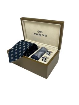 The Tie Hub - Men Navy Blue Silk Paisley Necktie & Pocket Square with Pair Of Cufflink Gift Set