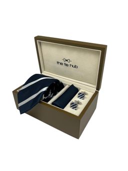 The Tie Hub - Men Navy Blue Silk Stripes Necktie & Pocket Square with Pair Of Cufflink Gift Set