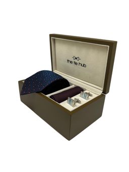 The Tie Hub - Men Navy Blue Silk Floral Necktie & Pocket Square with Pair Of Cufflink Gift Set