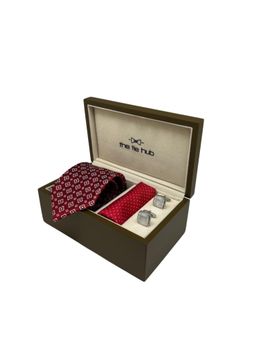 The Tie Hub - Men Red Silk Floral Necktie & Pocket Square with Pair Of Cufflink Gift Set