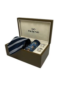 The Tie Hub - Men Navy Blue Silk Stripes Necktie & Pocket Square with Pair Of Cufflink Gift Set