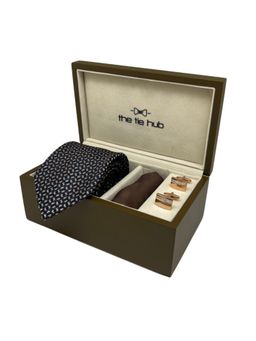 The Tie Hub - Men Navy Blue Silk Printed Necktie & Pocket Square with Pair Of Cufflink Gift Set