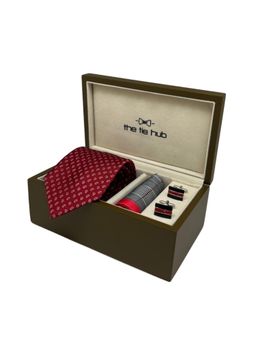 The Tie Hub - Men Red Silk Paisley Necktie & Pocket Square with Pair Of Cufflink Gift Set