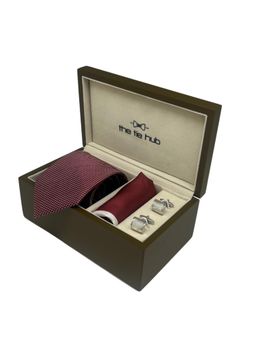 The Tie Hub - Men Burgundy Silk Textured Necktie & Pocket Square with Pair Of Cufflink Gift Set