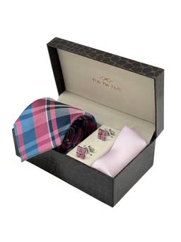 The Tie Hub - Men Pink Microfibre Checks Necktie & Pocket Square with Pair Of Cufflink Gift Set