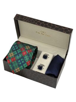 The Tie Hub - Men Multi-Color Microfibre Checks Necktie & Pocket Square with Pair Of Cufflink Gift Set