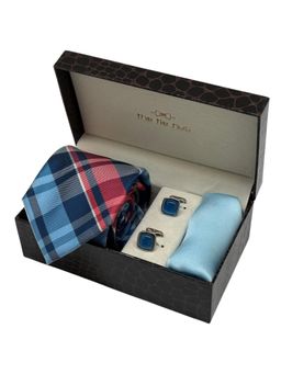 The Tie Hub - Men Red Microfibre Checks Necktie & Pocket Square with Pair Of Cufflink Gift Set