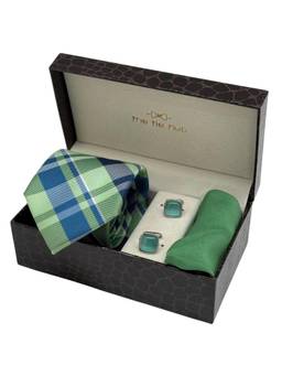 The Tie Hub - Men Green Microfibre Checks Necktie & Pocket Square with Pair Of Cufflink Gift Set