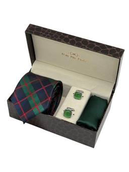 The Tie Hub - Men Green Microfibre Checks Necktie & Pocket Square with Pair Of Cufflink Gift Set