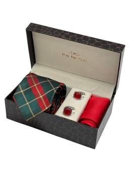 The Tie Hub - Men Red Microfibre Checks Necktie & Pocket Square with Pair Of Cufflink Gift Set