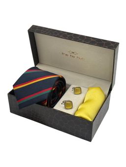 The Tie Hub - Men Blue Microfibre Stripes Necktie & Pocket Square with Pair Of Cufflink Gift Set