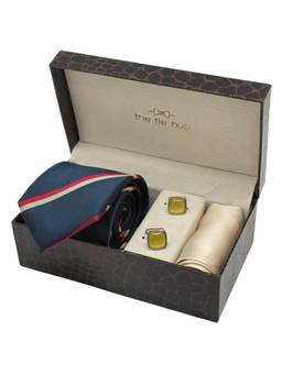 The Tie Hub - Men Red Microfibre Stripes Necktie & Pocket Square with Pair Of Cufflink Gift Set