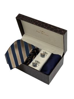 The Tie Hub - Men Blue Silk Stripes Necktie & Pocket Square with Pair Of Cufflink Gift Set