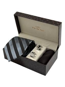 The Tie Hub - Men Black Silk Stripes Necktie & Pocket Square with Pair Of Cufflink Gift Set