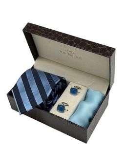 The Tie Hub - Men Blue Silk Stripes Necktie & Pocket Square with Pair Of Cufflink Gift Set