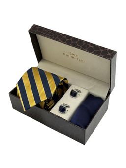 The Tie Hub - Men Blue Silk Stripes Necktie & Pocket Square with Pair Of Cufflink Gift Set