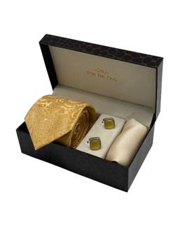 The Tie Hub - Men Yellow Silk Paisley Necktie & Pocket Square with Pair Of Cufflink Gift Set