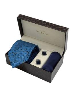 The Tie Hub - Men Blue Silk Paisley Necktie & Pocket Square with Pair Of Cufflink Gift Set