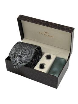 The Tie Hub - Men White Silk Paisley Necktie & Pocket Square with Pair Of Cufflink Gift Set