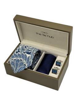 The Tie Hub - Men Blue Silk Paisley Necktie & Pocket Square with Pair Of Cufflink Gift Set
