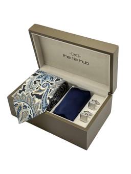 The Tie Hub - Men Blue Silk Paisley Necktie & Pocket Square with Pair Of Cufflink Gift Set