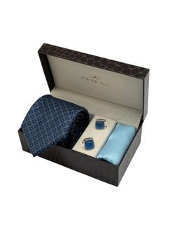 The Tie Hub - Men Blue Microfibre Geometric Necktie & Pocket Square with Pair Of Cufflink Gift Set