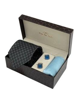 The Tie Hub - Men Black Microfibre Geometric Necktie & Pocket Square with Pair Of Cufflink Gift Set