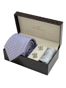 The Tie Hub - Men Purple Microfibre Geometric Necktie & Pocket Square with Pair Of Cufflink Gift Set
