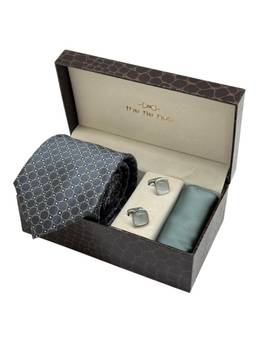The Tie Hub - Men Grey Microfibre Geometric Necktie & Pocket Square with Pair Of Cufflink Gift Set