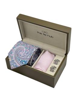 The Tie Hub - Men Multi-Color Silk Paisley Necktie & Pocket Square with Pair Of Cufflink Gift Set