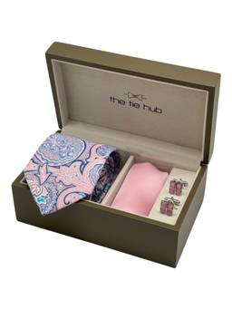 The Tie Hub - Men Blue Silk Paisley Necktie & Pocket Square with Pair Of Cufflink Gift Set