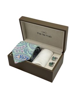 The Tie Hub - Men Green Silk Paisley Necktie & Pocket Square with Pair Of Cufflink Gift Set