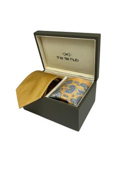 The Tie Hub - Men Gold Silk Paisley Necktie & Pocket Square Gift Set