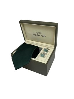 The Tie Hub - Men Green Silk Solid/Plain Necktie & Pair Of Cufflink Gift Set