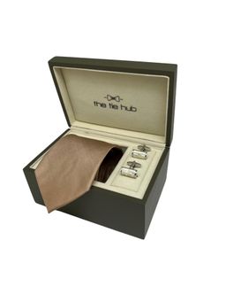 The Tie Hub - Men Beige Silk Solid/Plain Necktie & Pair Of Cufflink Gift Set