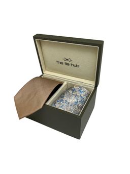 The Tie Hub - Men Beige Silk Floral Necktie & Pocket Square Gift Set