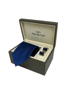 The Tie Hub - Men Blue Silk Solid/Plain Necktie & Pair Of Cufflink Gift Set