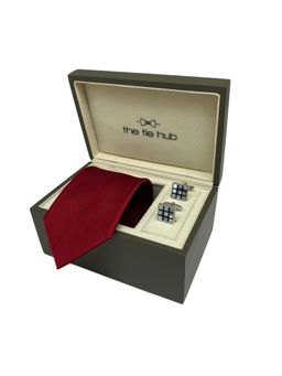 The Tie Hub - Men Red Silk Solid/Plain Necktie & Pair Of Cufflink Gift Set