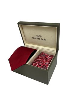 The Tie Hub - Men Red Silk Paisley Necktie & Pocket Square Gift Set