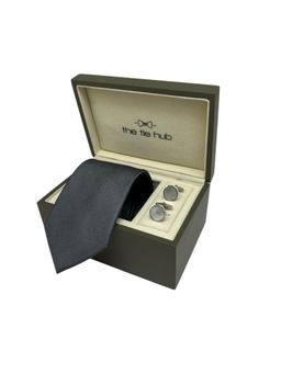 The Tie Hub - Men Grey Silk Solid/Plain Necktie & Pair Of Cufflink Gift Set