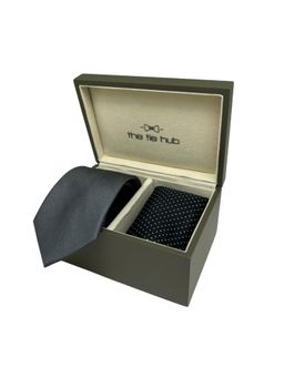 The Tie Hub - Men Grey Silk Printed Necktie & Pocket Square Gift Set