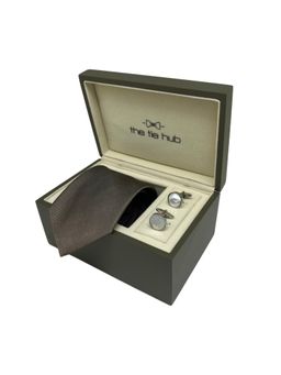 The Tie Hub - Men Brown Silk Solid/Plain Necktie & Pair Of Cufflink Gift Set