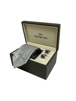 The Tie Hub - Men Grey Silk Floral Necktie & Pair Of Cufflink Gift Set