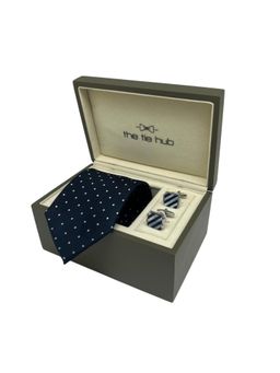 The Tie Hub - Men Blue Silk Polka Dots Necktie & Pair Of Cufflink Gift Set