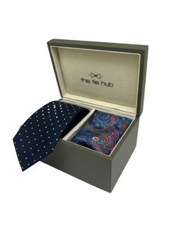 The Tie Hub - Men Blue Silk Polka Dots Necktie & Pocket Square Gift Set